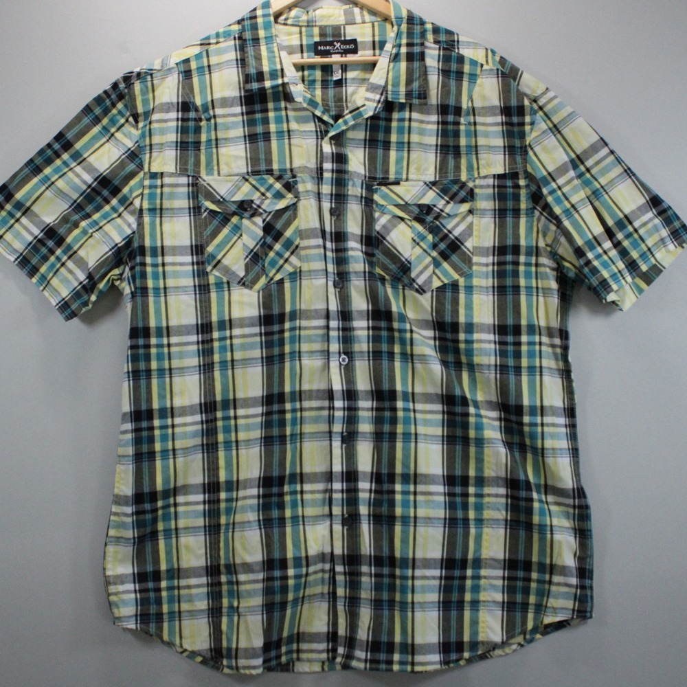 Marc Ecko Cut & Sew Mens 2XL Plaid Button Up Shirt Teal Yellow Cowboy Western